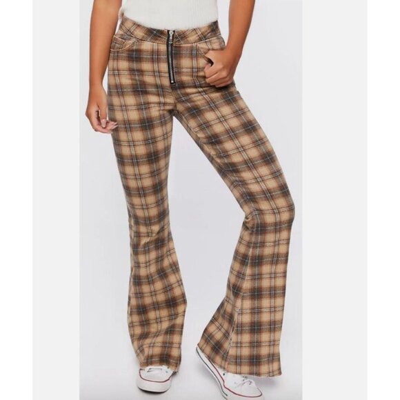 Y2K FOREVER 21 Plaid High Rise Flare Jeans 26 Stretch Raw Hem‎ Boho Hippie Pants - Picture 2 of 16